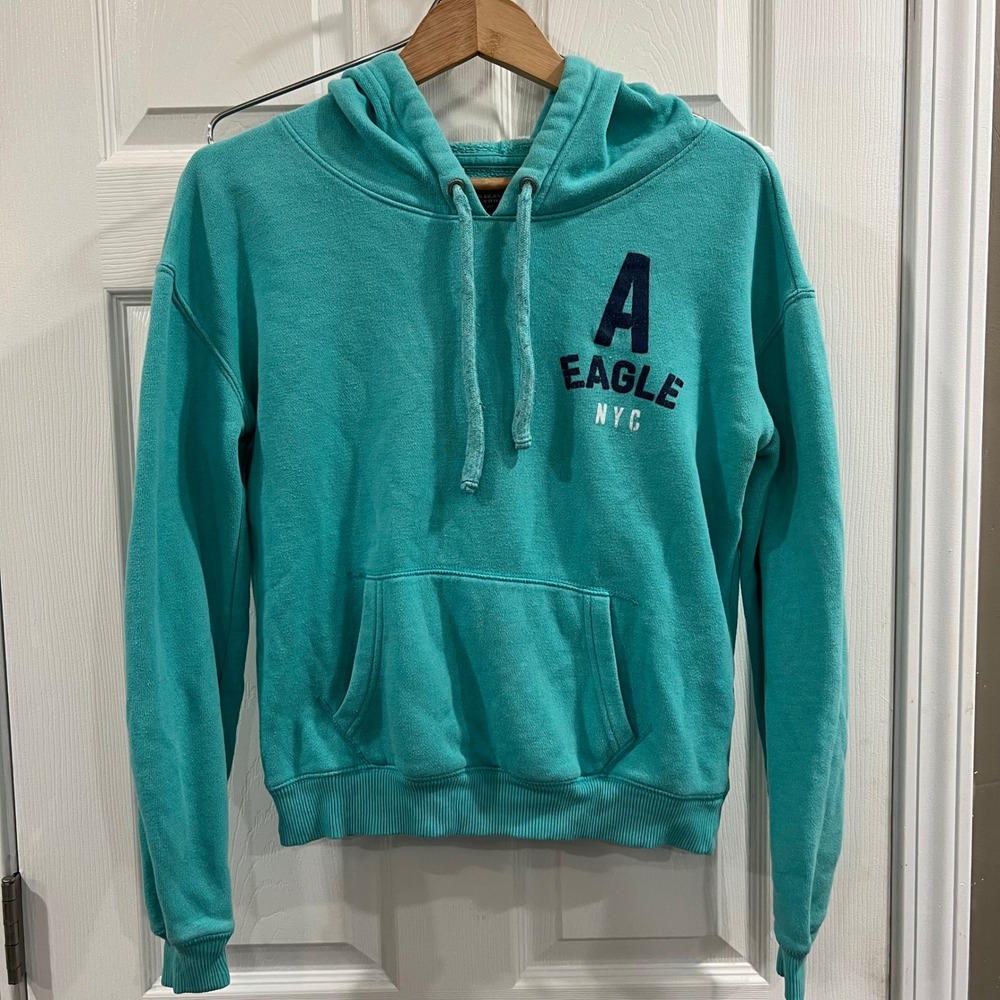 American Eagle Outfitters Mens Teal Green Graphic Hoodie Sweatshirt Small NYC 7